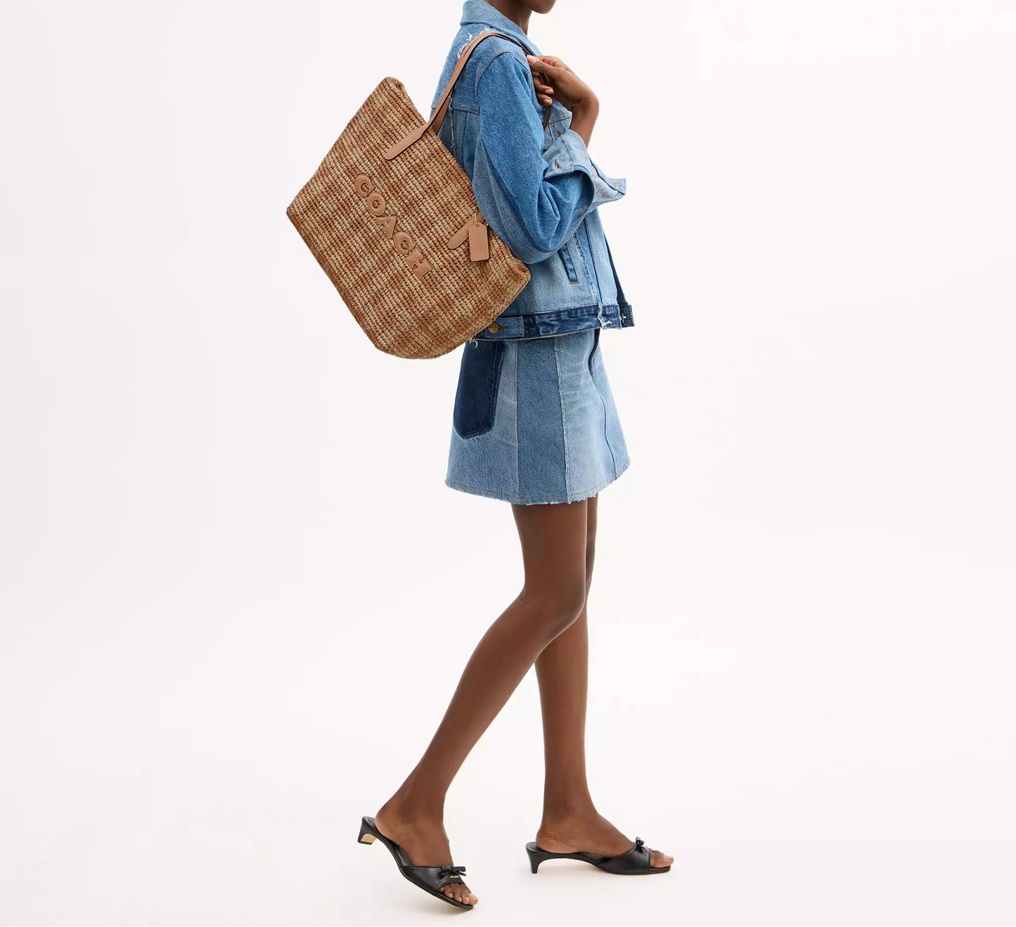 City Tote Bag Straw With Gingham Print Coach