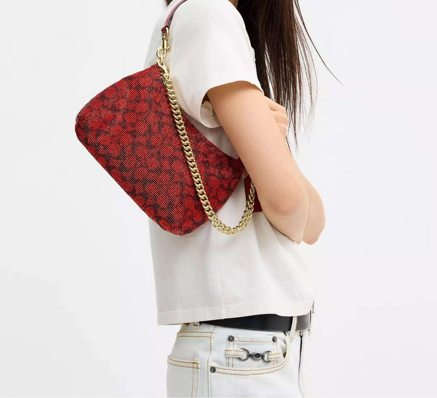 Teri Shoulder Bag In Signature Beaded Satin Crimson Coach