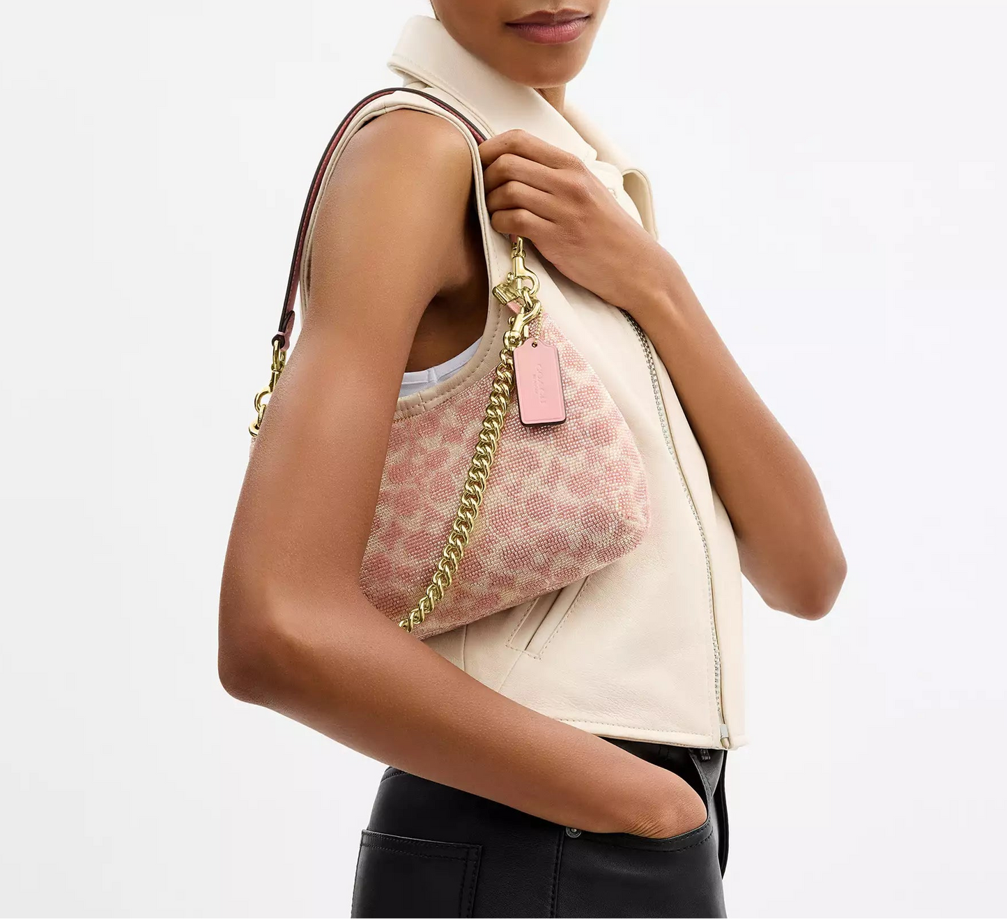 Teri Shoulder Bag In Signature Beaded Satin Pink Coach