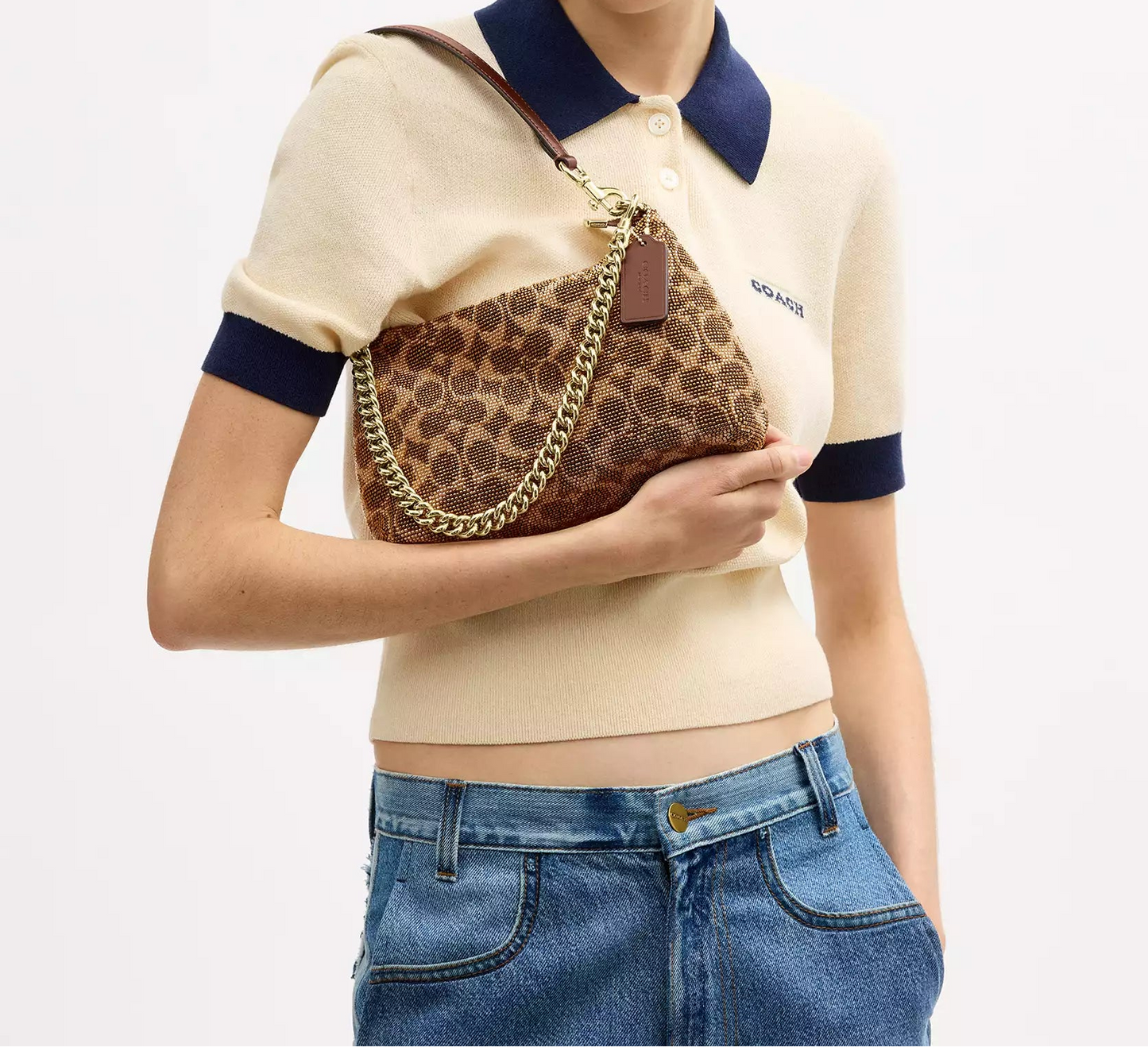 Teri Shoulder Bag In Signature Beaded Satin Tan Coach