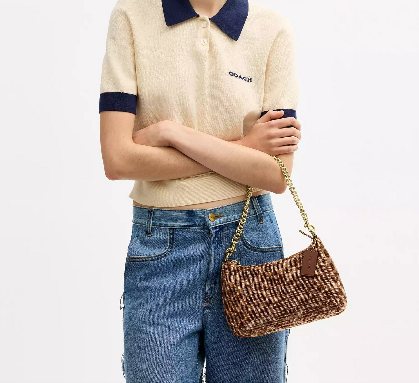 Teri Shoulder Bag In Signature Beaded Satin Tan Coach