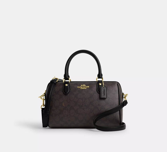 Rowan Satchel Bag In Signature Canvas Walnut Black Coach