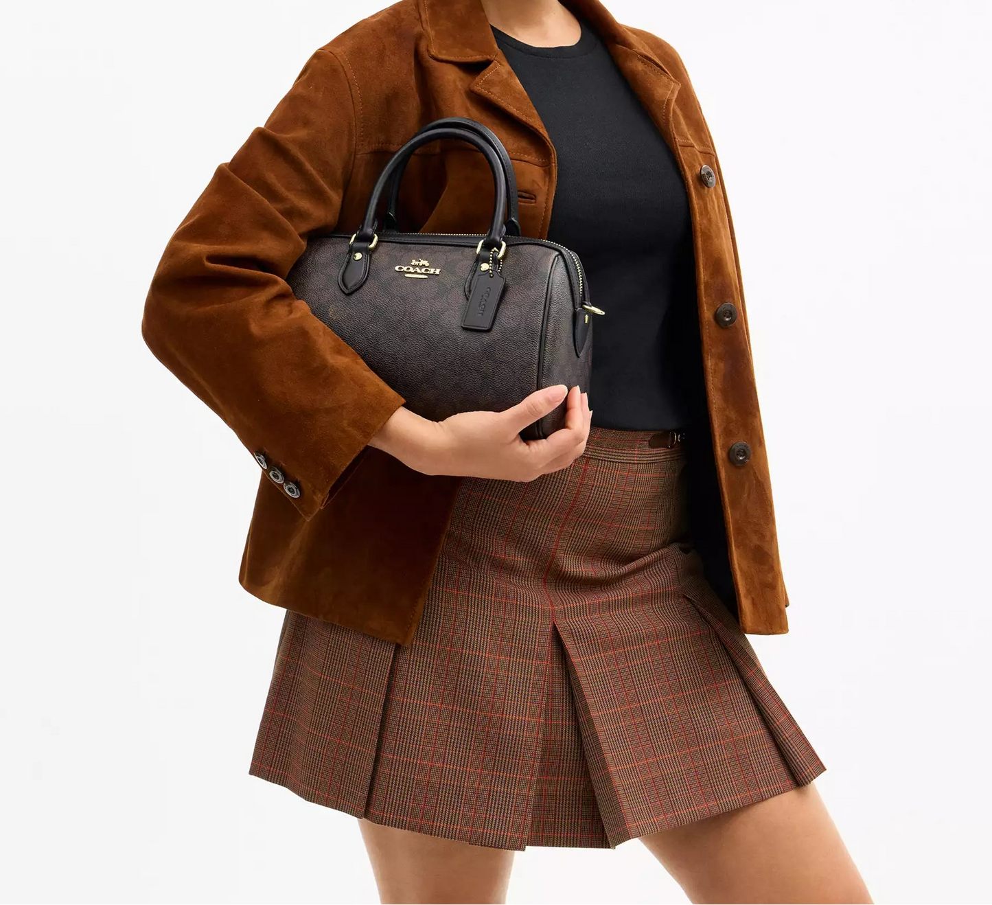 Rowan Satchel Bag In Signature Canvas Walnut Black Coach