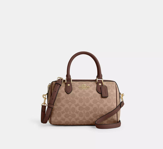 Rowan Satchel Bag In Signature Canvas Tan Brown Coach