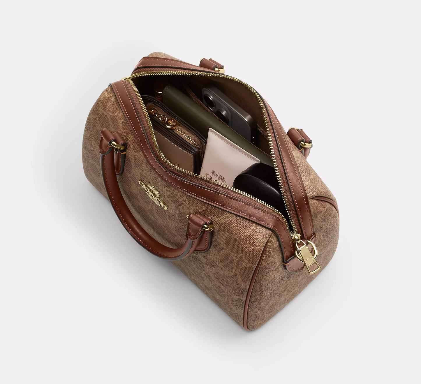 Rowan Satchel Bag In Signature Canvas Tan Brown Coach