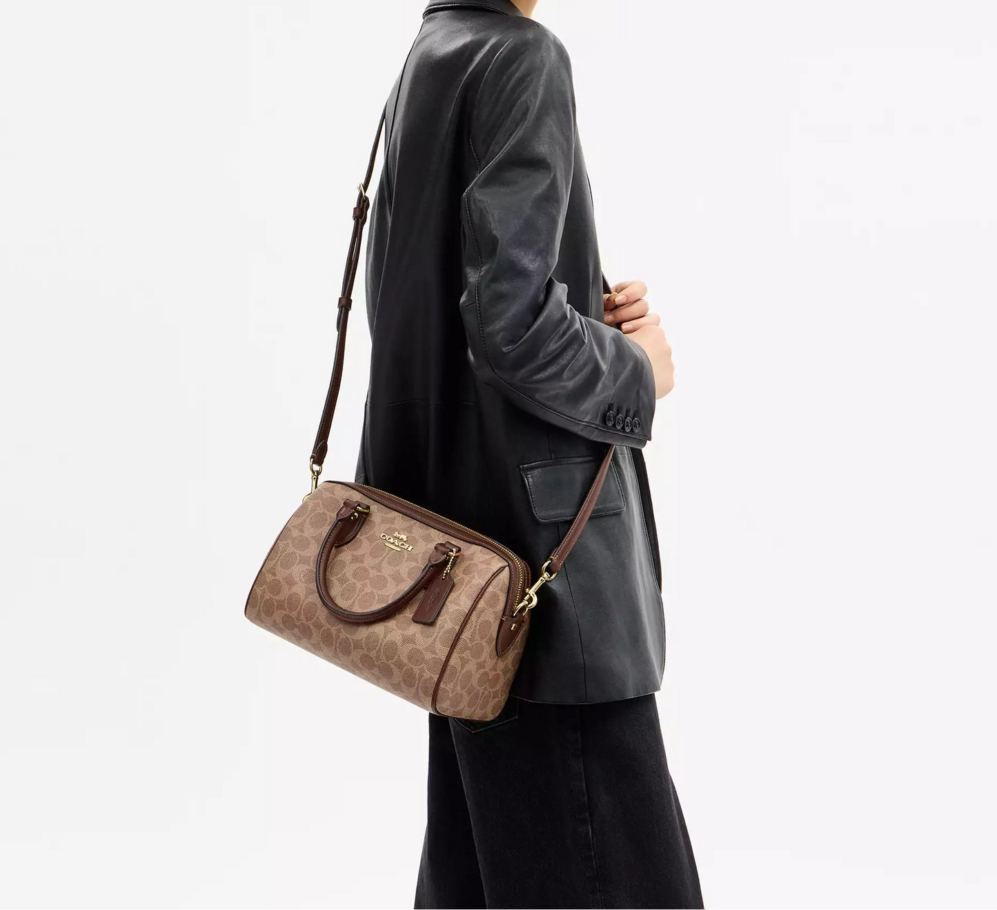 Rowan Satchel Bag In Signature Canvas Tan Brown Coach