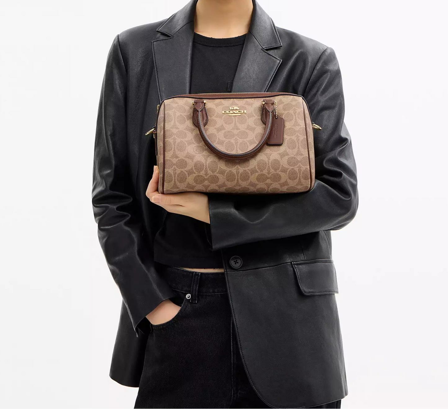 Rowan Satchel Bag In Signature Canvas Tan Brown Coach