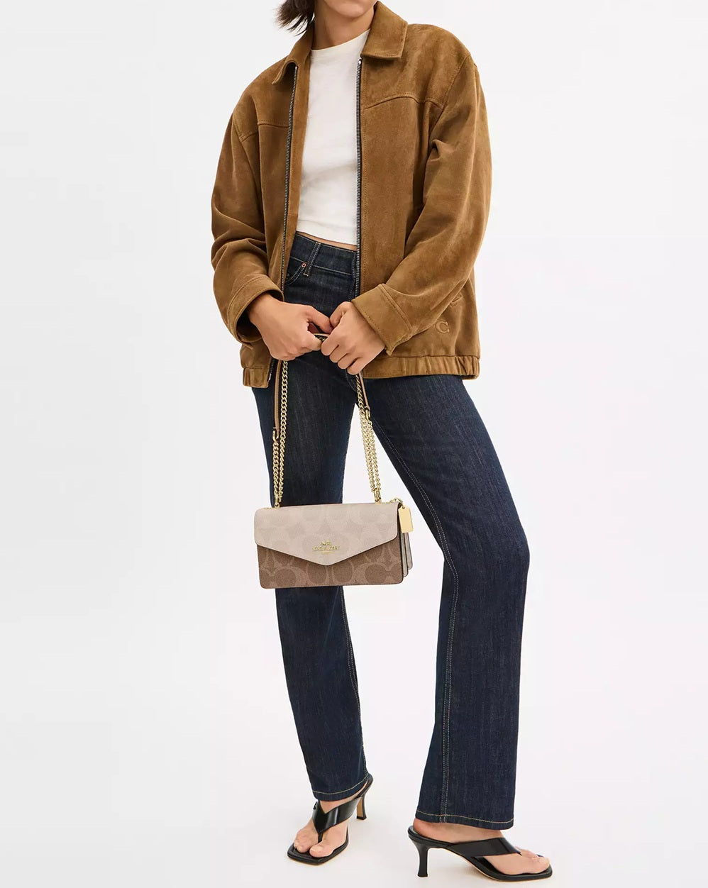 Klare Envelope Crossbody Bag In Blocked Signature Canvas Sand Tan Coach