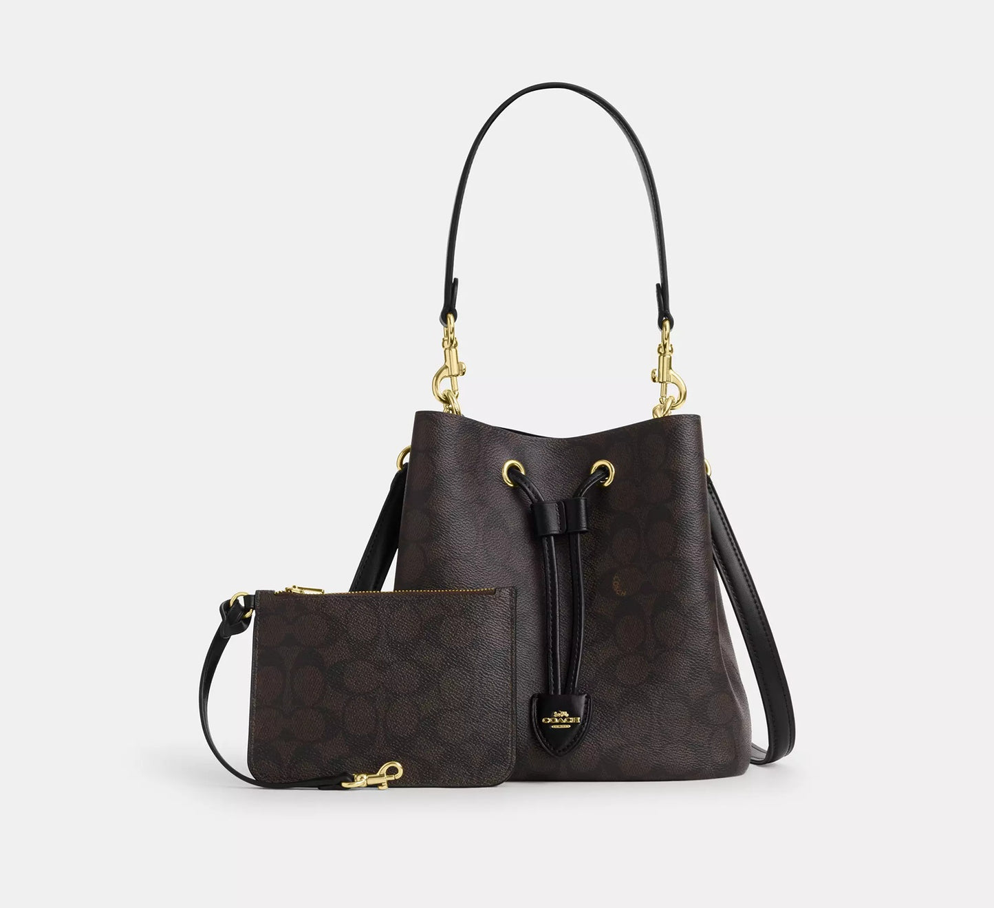 Rowan Bucket Bag In Signature Canvas Walnut Black Coach