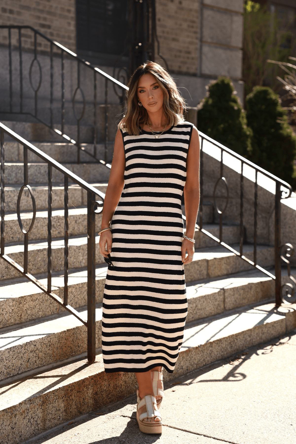 Sleeveless Black and Beige Striped Midi Dress - FINAL SALE