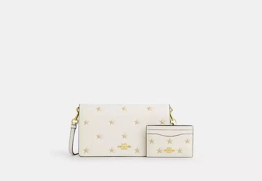 Boxed Anna Foldover Clutch Crossbody Bag And Card Case Set With Star Print Chalk Coach